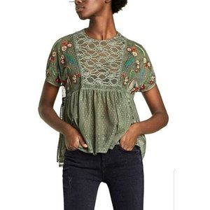 ZARA Boho Dotted Mesh Lace Embroidered Floral Peplum Babydoll Top Size M…